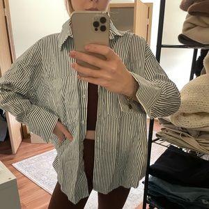 Zara green and white striped button down